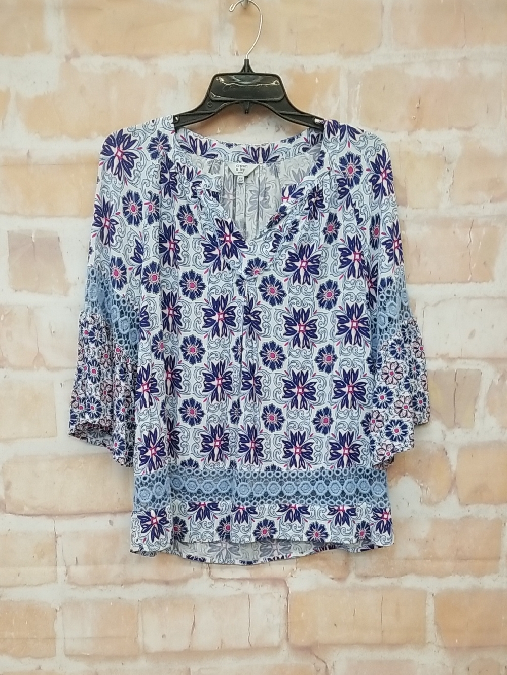 Crown & Ivy Boho Tile Print Peasant Blouse in White, Navy & Pink